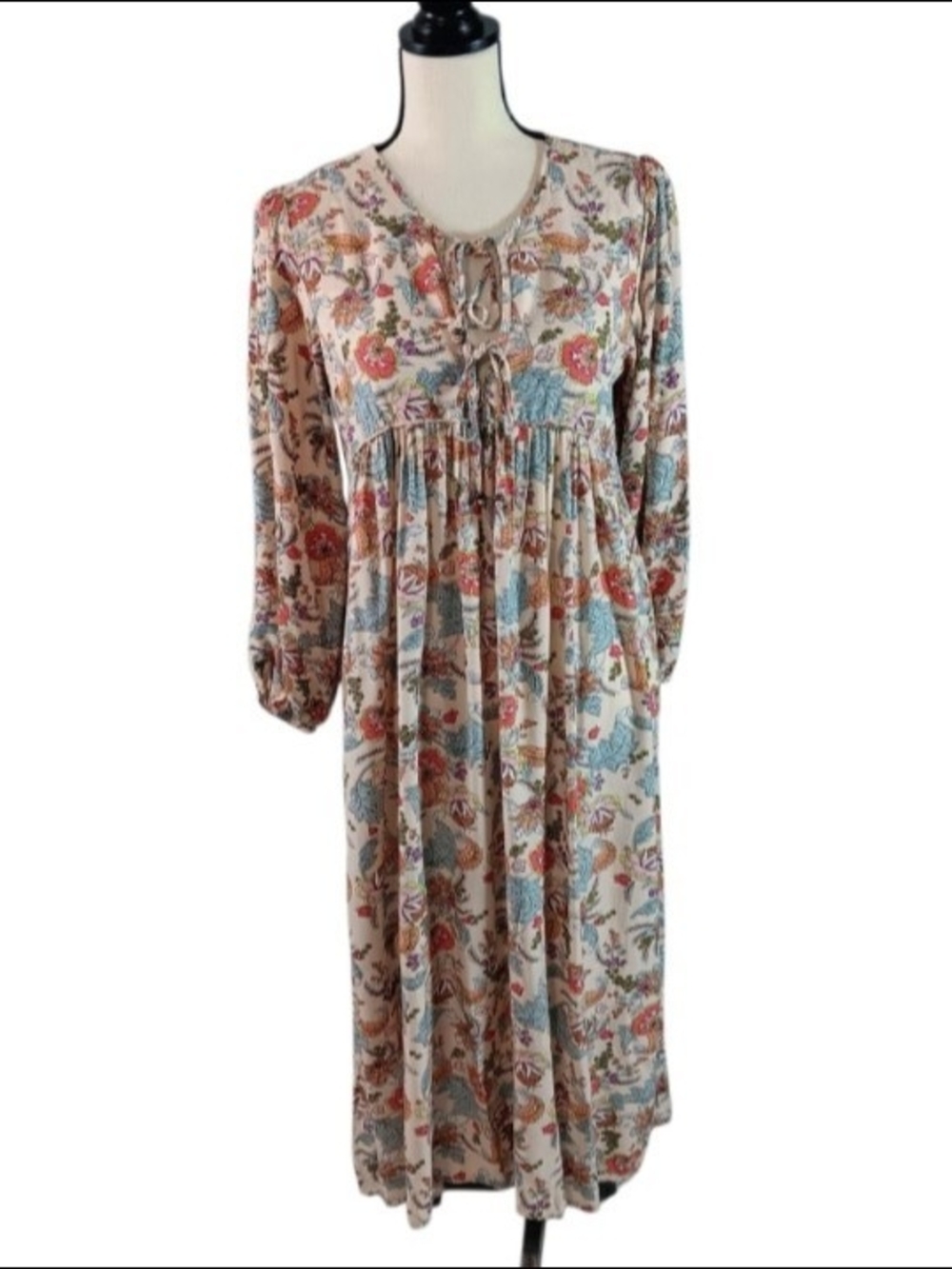 SundayUp Multicolored Floral Paisley Bohemian Midi Dress with Tie Front, Small